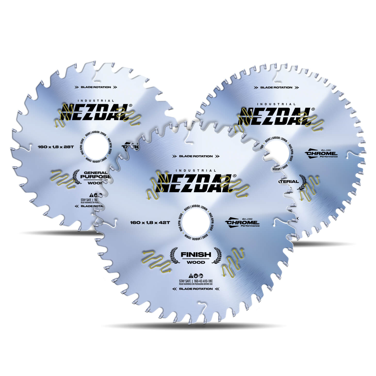 160mm Trio | 28, 42, 52T | General Purpose, Finish, Multi-Material | Industrial Quality | 1,8mm Kerf