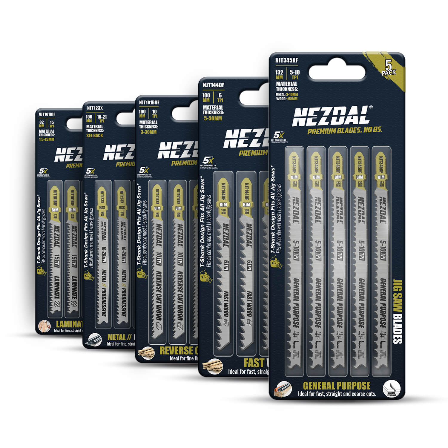 5 pcs retail packaging for our premium jig saw blades included in the carpenters choice pack on white background