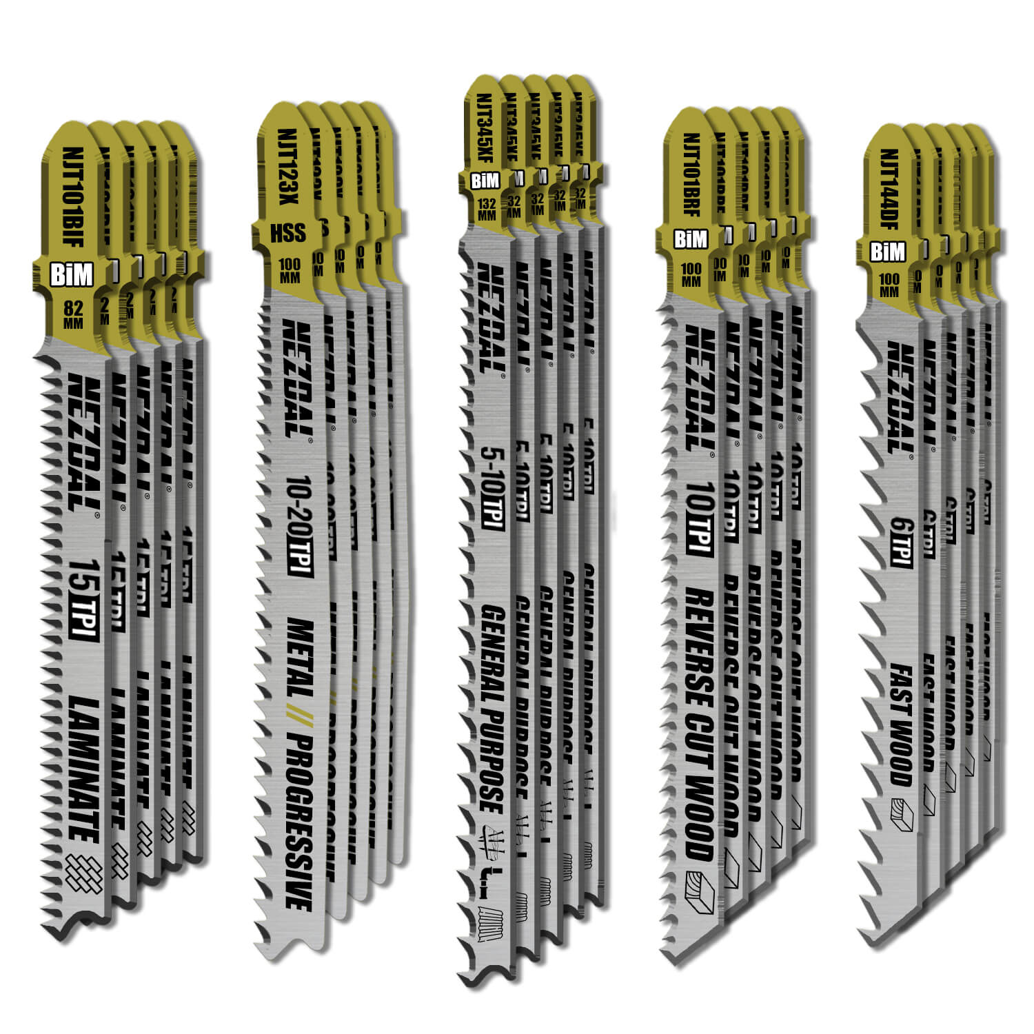 25 pcs premium jig saw blades for multiple purposes in wood displayed on white background