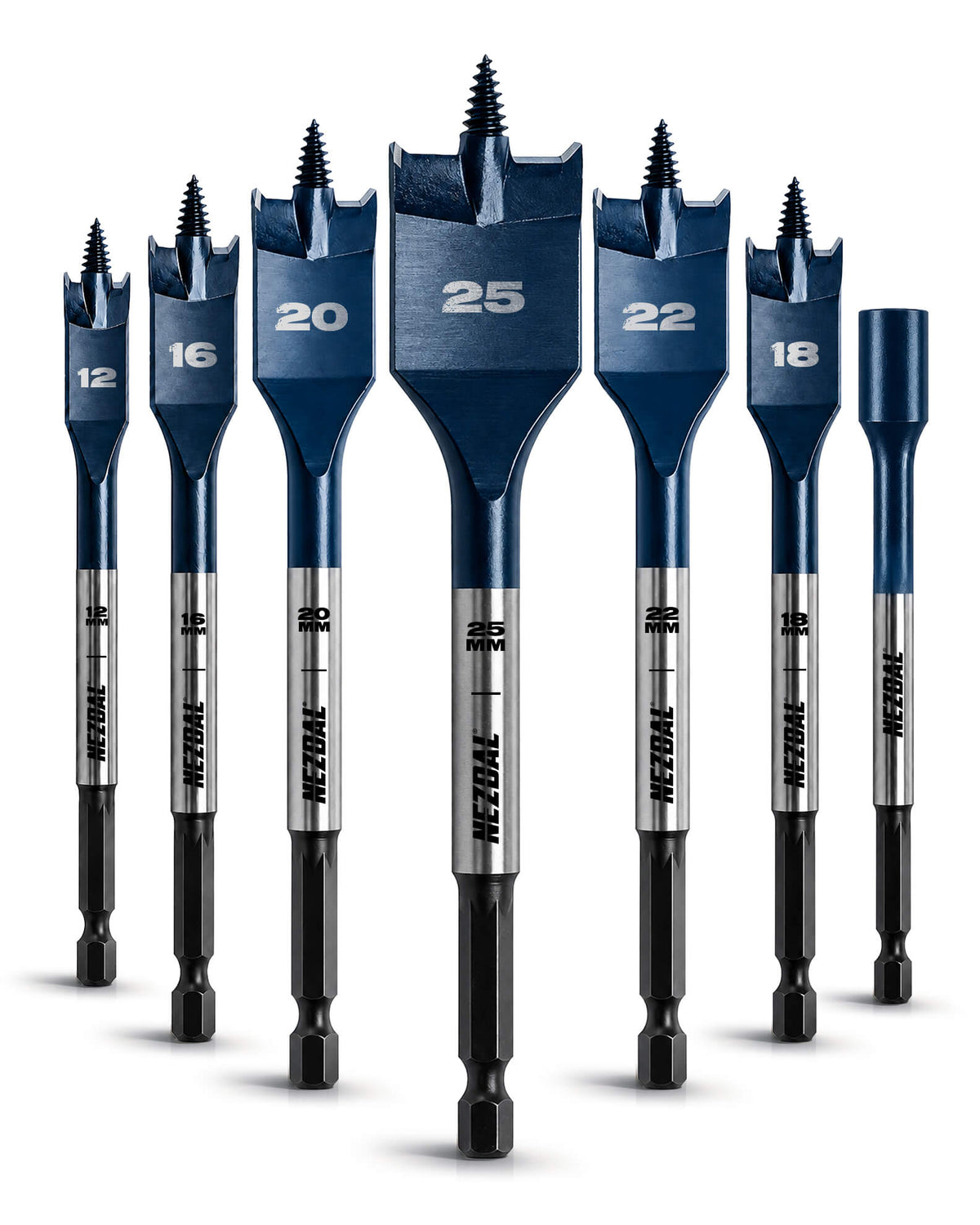 Wood Spade Bit Set | 12, 16, 18, 20, 22, 25mm | Ultrafast Drilling | 7 pcs | Incl. Hex Extension