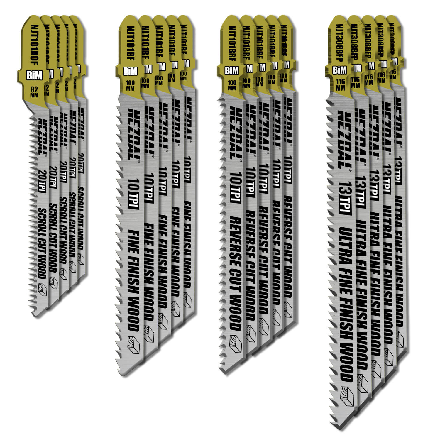 20 pcs premium jig saw blades for finish purposes in wood displayed on white background