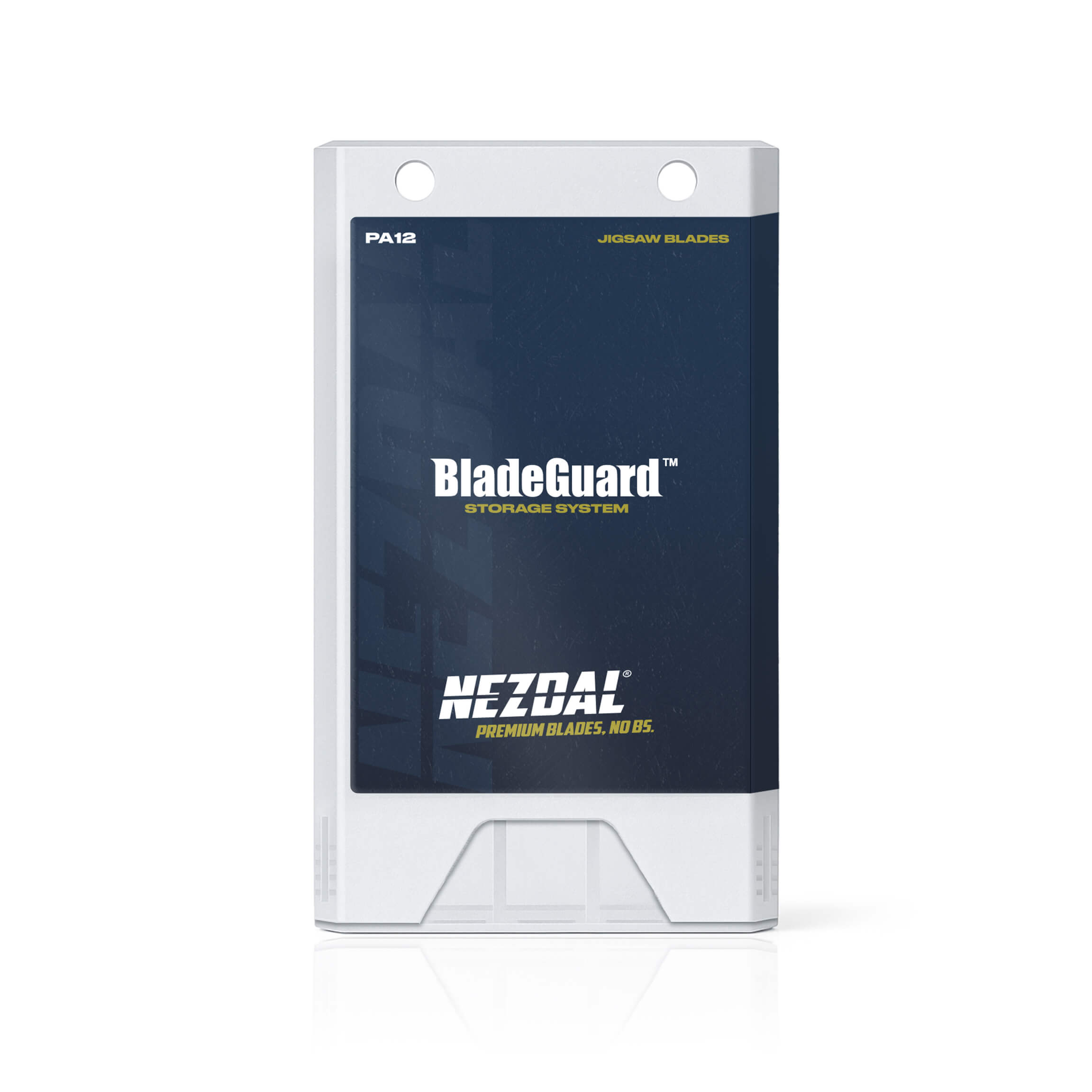 Oppbevaringsboks i plastikk for oppbevaring av stikksagblad, på hvit bakgrunn