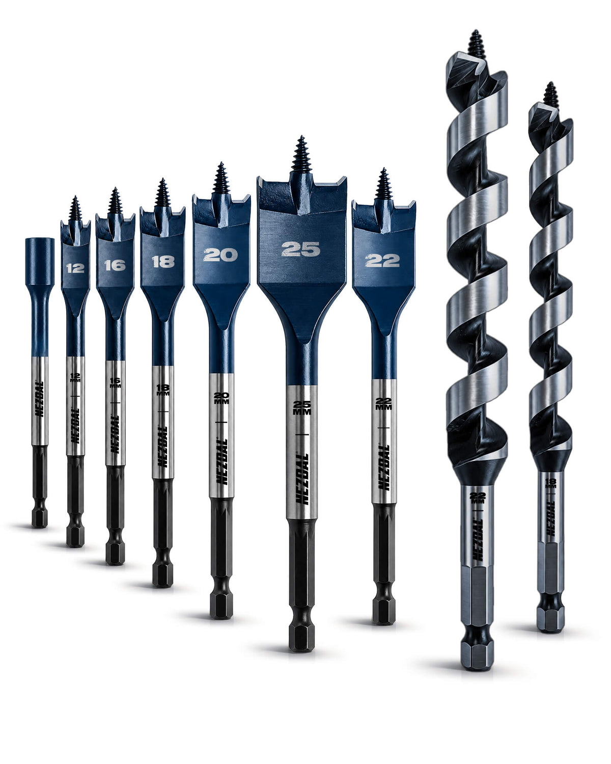 The Allrounder | Spade Bit Set 12–25mm + Auger Bits 18 & 22mm | 9 pcs | Incl. Hex Extension