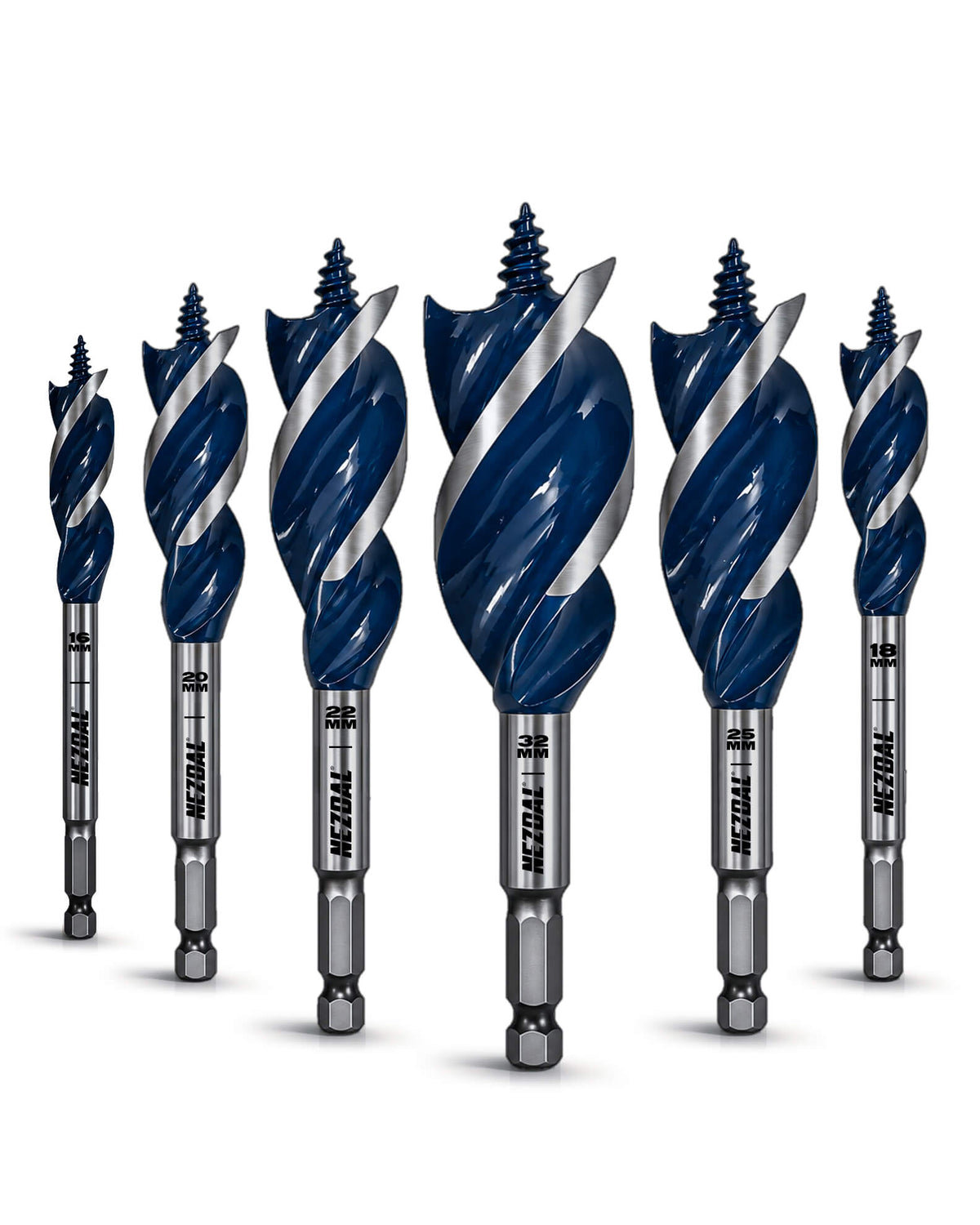 Wood Tri-Flute Bit Set | 16, 18, 20, 22, 25, 32mm | Cleaner Holes | 6 pcs | Incl. Storage Box